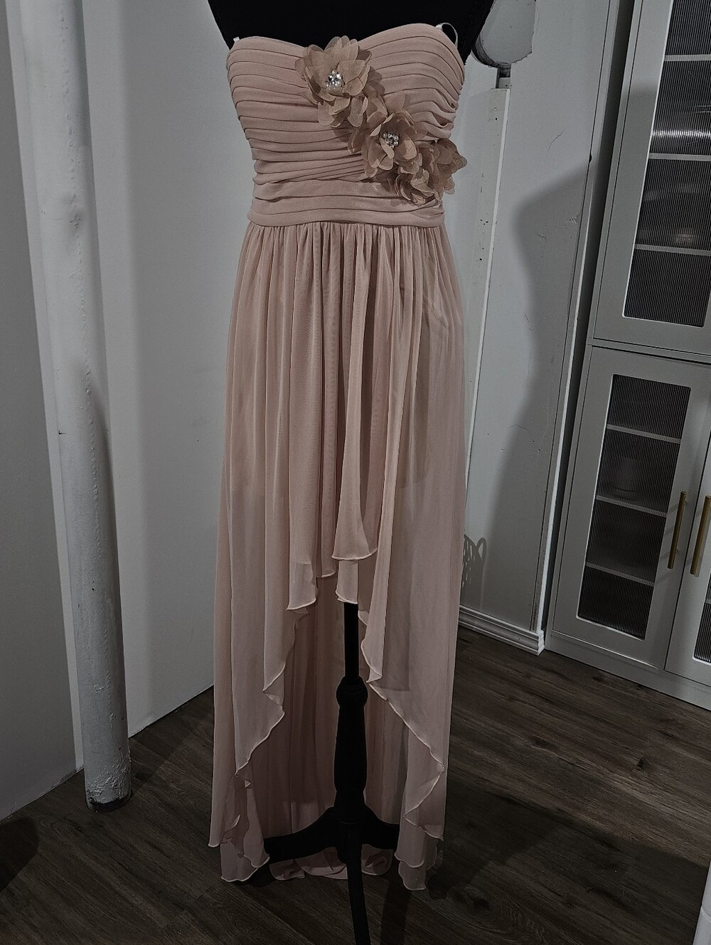 City Studio Strapless Blush Pink Chiffon Floral Evening Dress